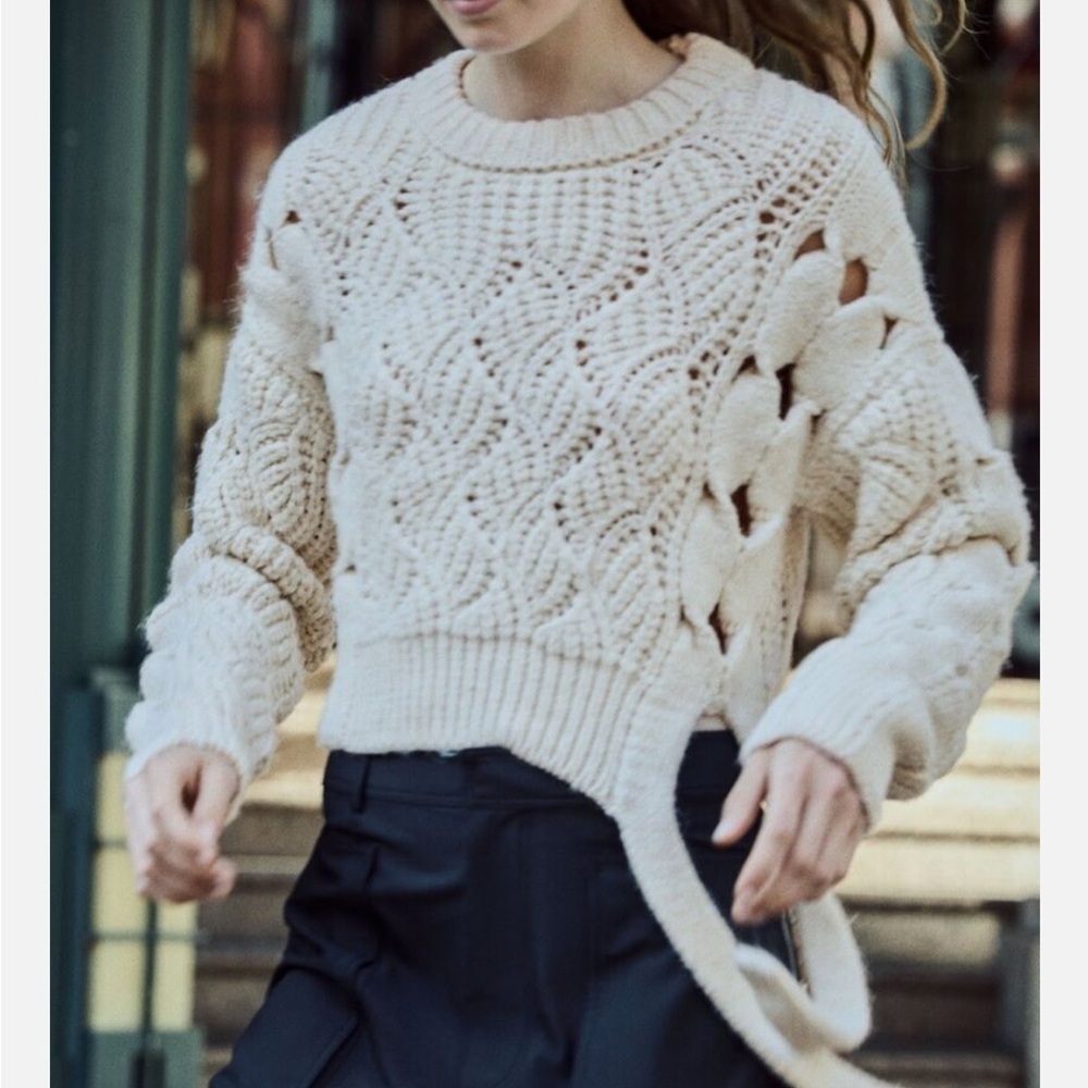 ZARA Cable Knit Tie Sweater Chunky‎ Preppy Cream Ivory Size M Casual Bow Soft - Picture 6 of 13